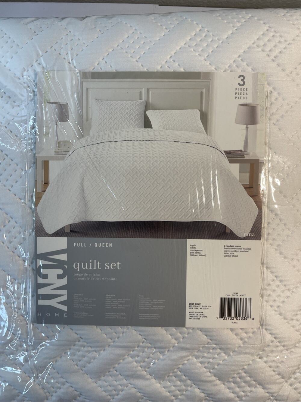 VCNY Home Nina 3-Piece Embossed Quilt Set White Full Queen New NIP